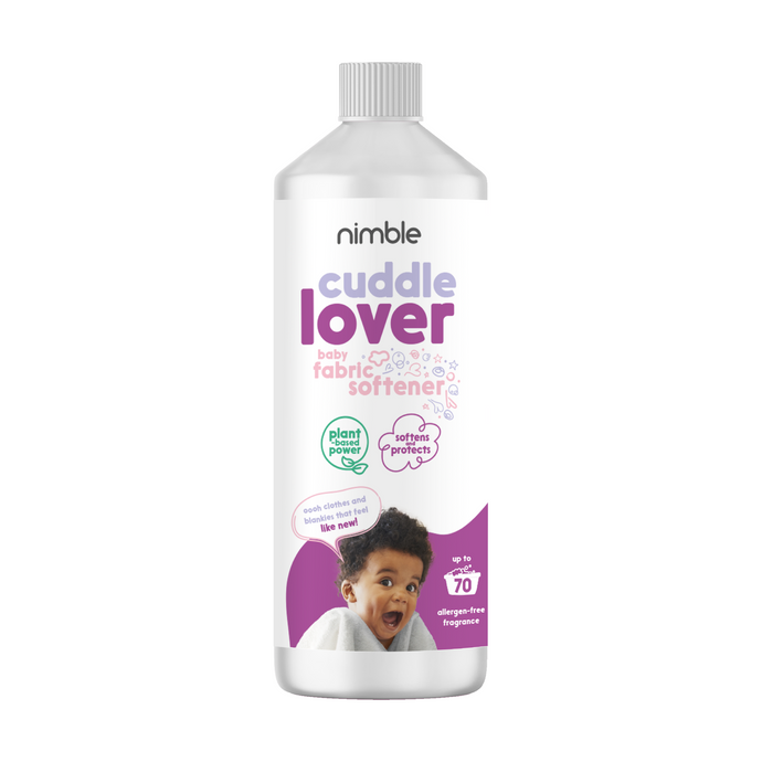 Nimble babies Cuddle Lover Baby Fabric Softener made for baby clothes plant based vegan and cruelty free. made for sensitive skin like babies and skin prone to eczema. no harsh chemical no allergen fabric conditioner 