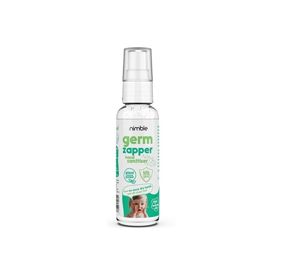 germ zapper nimble babies nimblebabies hand sanitiser spray no residues no sticky feeling travel size travel friendly for families made for sensitive skin suitable from birth no gel hand sani gentle scent doesnt dry hands plant based vegan and cruelty free